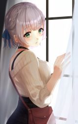 Rule 34 | 1girl, absurdres, bag, black choker, black skirt, blue ribbon, braid, breasts, choker, commentary, curtains, from behind, green eyes, grey hair, hair ribbon, hand up, high-waist skirt, highres, hololive, ihoshi, large breasts, looking at viewer, parted lips, ribbed sweater, ribbon, shirogane noel, shirogane noel (casual), short hair, skirt, sleeves past elbows, solo, sweater, upper body, virtual youtuber, white sweater, window