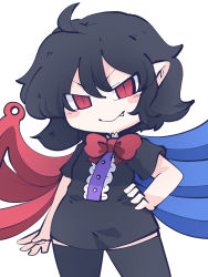 Rule 34 | 1girl, ahoge, black dress, black hair, black thighhighs, blue wings, blush stickers, buttons, center frills, chahan (fried rice0614), closed mouth, cowboy shot, dress, fang, frills, hair between eyes, highres, houjuu nue, one-hour drawing challenge, red eyes, red wings, short hair, short sleeves, simple background, smile, solo, thighhighs, touhou, white background, wings