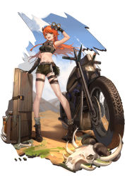 Rule 34 | 1girl, :d, absurdres, animal skull, arknights, arm up, asymmetrical gloves, bandeau, bare legs, bare shoulders, belt, binoculars, black footwear, black gloves, black shorts, boots, braid, breasts, brown belt, croissant (arknights), croissant (seeker) (arknights), full body, gloves, goggles, goggles around neck, grey eyes, highres, holding, horns, long hair, looking at viewer, medium breasts, midriff, motor vehicle, motorcycle, navel, official alternate costume, open mouth, orange hair, sgg, shadow, short shorts, shorts, smile, solo, standing, stomach, thigh strap, thighs, twin braids, uneven gloves
