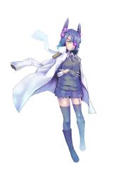Rule 34 | 10s, 1girl, absurdres, blush, boots, eyepatch, fingerless gloves, gloves, headgear, highres, jacket, jacket on shoulders, kantai collection, looking at viewer, nami nami nami, necktie, personification, purple hair, school uniform, short hair, skirt, smile, solo, tenryuu (kancolle), thighhighs, yellow eyes