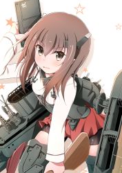 Rule 34 | 10s, 1girl, anchor, bike shorts, bow (weapon), brown eyes, brown hair, cannon, crossbow, flat chest, hair between eyes, headband, headgear, kantai collection, leaning, leaning forward, long sleeves, looking at viewer, machinery, open mouth, panikuru yuuto, pleated skirt, short hair, skirt, smile, solo, star (symbol), taihou (kancolle), turret, weapon