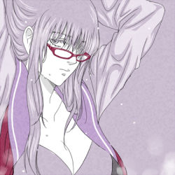 Rule 34 | 1girl, 3mm, breasts, cleavage, female focus, gintama, glasses, hair over one eye, long hair, lowres, mole, mole under eye, partially colored, purple eyes, purple hair, sarutobi ayame, solo, wet