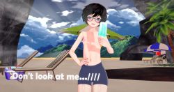 Rule 34 | 1girl, 3d, absurdres, artist request, beach, black hair, black nails, blue eyes, blue jammers, blue male swimwear, blue sky, blush, breasts, character request, copyright request, crossdressing, day, english text, female focus, food, glasses, highres, jammers, male school swimsuit, male swimwear, male swimwear challenge, nail polish, nipples, outdoors, popsicle, sand, sky, small breasts, solo, source request, standing, swimsuit, tagme, topless