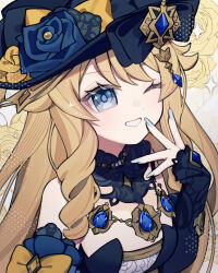 1girl bare_shoulders black_hat blonde_hair blue_eyes blue_flower blue_nails blue_rose detached_sleeves drill_hair drill_sidelocks flower genshin_impact grin hand_up hat highres long_hair long_sleeves looking_at_viewer nail_polish navia_(genshin_impact) one_eye_closed pino_(pino2452) rose sidelocks smile solo upper_body very_long_hair