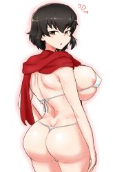 Rule 34 | 1girl, absurdres, artist request, ass, bikini, black hair, breasts, caesar (girls und panzer), curvy, girls und panzer, hair between eyes, highres, huge ass, large breasts, looking at viewer, looking back, micro bikini, open mouth, parted lips, plump, scarf, short hair, swimsuit, thick thighs, thighs, yellow eyes