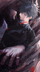 Rule 34 | 1boy, absurdres, black hair, black shirt, blood, blue eyes, commentary request, fingernails, fushiguro megumi, highres, jujutsu kaisen, kuuu ilst, long sleeves, male focus, open mouth, partial commentary, shirt, short hair, sideways glance, solo, teeth, tongue, tongue out, upper body