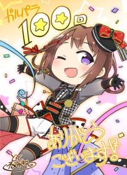 Rule 34 | 1girl, ;d, back bow, bang dream!, black bow, black bowtie, black gloves, black hat, bow, bowtie, braid, brown hair, charm (object), commentary request, confetti, garter straps, gloves, grey thighhighs, hair ornament, hair ribbon, hat, hat bow, houndstooth, jacket, one eye closed, open mouth, outstretched arms, purple eyes, red bow, red ribbon, ribbon, shorts, side braid, signature, smile, solo, spread arms, star (symbol), star hair ornament, streamers, striped bow, striped bowtie, striped clothes, striped neckwear, thank you, thighhighs, toto nemigi, toyama kasumi