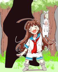 Rule 34 | 10s, 1girl, ahoge, animal, bear, blush, blush stickers, closed eyes, forest, grabbing another&#039;s ear, grabbing another's ear, hikawa79, holding, holding animal, holding by the ears, kantai collection, kuma (kancolle), long hair, nature, neckerchief, open mouth, parted bangs, rabbit, sailor collar, sailor shirt, scratches, shirt, shorts, smile, text focus, translation request, tree, trembling