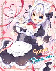 Rule 34 | 1girl, :d, aina rive, animal ear fluff, animal ears, antenna hair, apron, black bow, black dress, blue eyes, blush, bow, breasts, brown eyes, cat ears, cat girl, cat tail, cleavage, commentary request, dress, floating hair, frilled apron, frills, hair intakes, hands up, heart, heart of string, heterochromia, long hair, looking at viewer, maid, maid apron, mauve, medium breasts, open mouth, original, pink background, polka dot, polka dot background, puffy short sleeves, puffy sleeves, red bow, red ribbon, ribbon, short sleeves, silver hair, smile, solo, sparkle, standing, tail, tail bow, tail ornament, thank you, very long hair, waist apron, white apron, wrist cuffs
