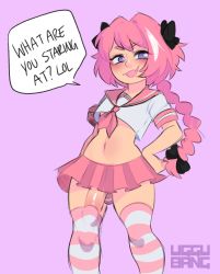 Rule 34 | 1boy, artist name, astolfo (fate), astolfo (sailor paladin) (fate), astolfo monster cosplay (meme), black bow, blush, bow, braid, bulge, commentary, crop top, english commentary, english text, erection, erection under clothes, fang, fate/apocrypha, fate/grand order, fate (series), furrowed brow, hair bow, hair ribbon, hand on own hip, highres, long hair, looking at viewer, male focus, meme, midriff, multicolored hair, navel, official alternate costume, open mouth, panties, penis, penis in thighhigh, penis peek, pink hair, pink neckwear, pink panties, pink sailor collar, pink thighhighs, purple background, purple eyes, ribbon, ryouou school uniform, sailor collar, school uniform, serafuku, simple background, single braid, skin fang, skirt, smile, solo, speech bubble, standing, streaked hair, striped clothes, striped panties, striped thighhighs, thighhighs, translucent hair, trap, uggu bang, uncensored, underwear, v-shaped eyebrows, zettai ryouiki