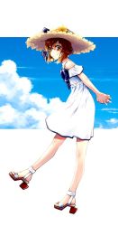 Rule 34 | 1girl, arms behind back, blue bow, bow, brown eyes, brown hair, cloud, dress, flower, hat, hat bow, hat flower, kantai collection, looking at viewer, own hands together, rudder footwear, sandals, shide kouri, short hair, simple background, sky, smile, solo, straw hat, sundress, white dress, yellow flower, yukikaze (kancolle)