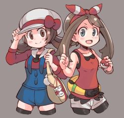 Rule 34 | 2girls, bag, bike shorts, bike shorts under shorts, black thighhighs, blue eyes, bow, bow hairband, brown eyes, brown hair, creatures (company), cropped legs, es (eisis), game freak, grey background, hairband, hat, hat bow, highres, holding, holding bag, holding poke ball, index finger raised, long sleeves, looking at viewer, low twintails, lyra (pokemon), may (pokemon), multiple girls, nintendo, open mouth, overalls, poke ball, pokegear, pokemon, pokemon hgss, pokemon oras, red bow, shorts, simple background, smile, tank top, thighhighs, twintails, white headwear, white shorts