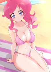 Rule 34 | 1girl, absurdres, barefoot, beach, bikini, blue eyes, breasts, closed mouth, commentary request, highres, kiratto pri chan, large breasts, looking at viewer, momoyama mirai, navel, pink bikini, pink hair, ponytail, pretty series, sand, short hair, side-tie bikini bottom, sitting, solo, sugimura mickey, swimsuit