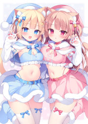 2girls :d :o absurdres animal_ear_fluff animal_ears animal_hands belt blue_belt blue_bow blue_capelet blue_choker blue_eyes blue_footwear blue_skirt blunt_bangs blush boots bow bow_legwear breasts capelet cat_ears cat_tail choker cleavage elbow_gloves fingerless_gloves fur-trimmed_boots fur-trimmed_capelet fur-trimmed_skirt fur_trim gloves hair_bow hair_ornament hand_up hat highleg highleg_panties highres kofuyu_(cofyuuun) long_hair looking_at_viewer matching_outfits midriff multiple_girls navel open_mouth original panties paw_gloves paw_sleeves pink_belt pink_bow pink_capelet pink_choker pink_footwear pink_skirt red_bow red_eyes santa_hat short_hair skindentation skirt small_breasts smile standing standing_on_one_leg star_(symbol) star_hair_ornament stomach tail thighhighs thighhighs_under_boots underwear white_thighhighs x_hair_ornament