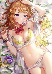 Rule 34 | 1girl, arm up, armpits, bare shoulders, bed sheet, blue eyes, blush, bow, bow bra, bow panties, bowtie, bra, bracelet, breasts, brown hair, cleavage, floral print, flower, frilled bra, frilled panties, frills, green ribbon, hair flower, hair ornament, hand up, highres, jewelry, long hair, looking at viewer, lying, medium breasts, mimosa (flower), morikura en, navel, no pants, off shoulder, on back, open clothes, open shirt, original, panties, parted lips, pulled by self, ribbon, scrunchie, shirt, signature, solo, stomach, strap pull, thighs, underwear, white bra, white panties, white shirt, yellow flower