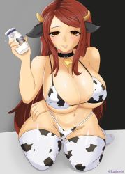 Rule 34 | 1girl, animal print, bikini, bottle, breasts, brown eyes, cow horns, cow print, dragon&#039;s crown, highres, horns, huge breasts, long hair, lughost, milk bottle, red hair, revealing clothes, solo, sorceress (dragon&#039;s crown), swimsuit