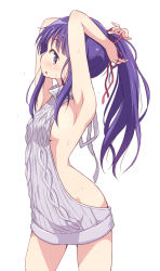 Rule 34 | 1girl, alternate hairstyle, aran sweater, armpits, arms up, backless dress, backless outfit, bare shoulders, breasts, cable knit, cowboy shot, dress, from side, hair ribbon, halterneck, hinata yukari, legs apart, long hair, looking at viewer, medium breasts, mel (melty pot), meme attire, naked sweater, parted lips, ponytail, profile, purple eyes, purple hair, red ribbon, ribbed sweater, ribbon, sideboob, simple background, solo, standing, sweatdrop, sweater, sweater dress, tareme, turtleneck, turtleneck sweater, tying hair, virgin killer sweater, white background, yuyushiki