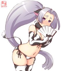 Rule 34 | 1girl, alternate costume, animal ears, animal print, artist logo, bikini, breasts, cleavage, commentary request, cow ears, cow horns, cow print, cow tail, cowboy shot, dated, elbow gloves, embarrassed, fake animal ears, fake horns, folding fan, gloves, hand fan, hatsuharu (kancolle), highres, hikimayu, horns, kanon (kurogane knights), kantai collection, leaning forward, long hair, medium breasts, navel, ponytail, purple eyes, purple hair, short eyebrows, side-tie bikini bottom, simple background, solo, swimsuit, tail, thick eyebrows, thighhighs, white background, white bikini, white gloves, white thighhighs