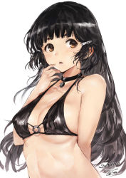 Rule 34 | 1girl, alternate costume, alternate hairstyle, arm behind back, bare shoulders, bikini, black bikini, black hair, blush, breasts, brown eyes, choker, cleavage, dated, hair down, hair ornament, hairclip, hand up, highres, kantai collection, long hair, looking at viewer, medium breasts, myoukou (kancolle), myoukou kai ni (kancolle), o-ring, o-ring top, open mouth, ribs, sidelocks, signature, simple background, solo, swimsuit, toka (marchlizard), upper body, white background