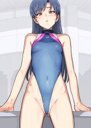 Rule 34 | 1girl, bare shoulders, blue hair, blush, breasts, brown eyes, covered navel, gluteal fold, groin, highleg, highres, idolmaster, idolmaster (classic), kisaragi chihaya, leotard, long hair, looking at viewer, open mouth, small breasts, solo, sweat, tsurui