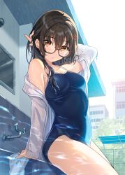 Rule 34 | 1girl, absurdres, armpit crease, blue one-piece swimsuit, brown eyes, brown hair, building, competition school swimsuit, covered navel, from below, from side, glasses, hair between eyes, hair ornament, hand in own hair, highres, jacket, long hair, looking at viewer, off shoulder, one-piece swimsuit, open clothes, open jacket, original, outdoors, partially submerged, school swimsuit, second-party source, sitting, solo, swimsuit, tan (tangent), textless version, thighs, wet, wet hair, white jacket