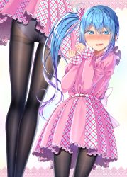 Rule 34 | 1girl, ass, belt, black pantyhose, blue eyes, blue hair, blush, buckle, dress, embarrassed, fang, fine fabric emphasis, frills, gurande (g-size), hair between eyes, hair ornament, hands up, highres, long hair, long sleeves, multiple views, ooashi ran, open mouth, original, panties, panties under pantyhose, pantyhose, pink dress, side ponytail, smile, star (symbol), star hair ornament, thighband pantyhose, underwear, v-shaped eyebrows, very long hair, wavy mouth