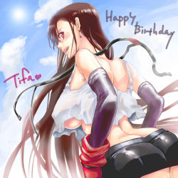 Rule 34 | 1990s (style), 1girl, ass, back, breasts, brown hair, character name, earrings, elbow gloves, covered erect nipples, final fantasy, final fantasy vii, gloves, happy birthday, huge breasts, jewelry, long hair, red eyes, solo, tifa lockhart, torimeiro, underboob, very long hair