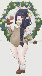 Rule 34 | 1girl, :3, absurdres, animal costume, antlers, bell, black hair, blush, boots, braid, breasts, brown leotard, cameltoe, chikuwa (aymg7332), christmas, christmas ornaments, commentary, covered navel, detached sleeves, final fantasy, final fantasy xiv, fur collar, fur trim, hair bell, hair ornament, heart, highres, holly hair ornament, horns, jingle bell, lalafell, leotard, long hair, mittens, neck bell, one eye closed, open mouth, playboy bunny, pointy ears, purple eyes, reindeer antlers, reindeer costume, shortstack, simple background, single braid, small breasts, smile, star sticker, sticker on face, strapless, strapless leotard, thick thighs, thighs, warrior of light (ff14), wide hips, wreath