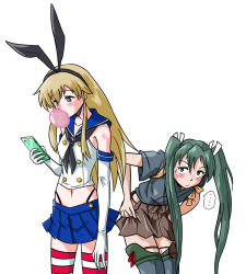 Rule 34 | 2girls, black hairband, black panties, blonde hair, blush, blowing bubbles, cellphone, chewing gum, crop top, dark green hair, elbow gloves, gloves, green eyes, green hair, hair ribbon, hairband, highleg, highleg panties, highres, holding, holding phone, japanese clothes, kancolle arcade, kantai collection, long hair, miniskirt, multiple girls, navel, open mouth, panties, phone, ribbon, school uniform, serafuku, shimakaze (kancolle), simple background, skirt, smartphone, striped clothes, striped legwear, striped thighhighs, taka two, thighhighs, twintails, underwear, white background, white gloves, zuikaku (kancolle)