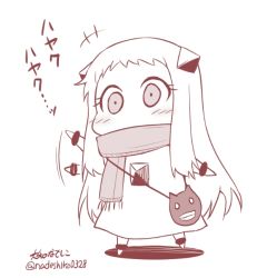 Rule 34 | 10s, 1girl, abyssal ship, ahoge, blush, chibi, commentary request, contemporary, covering own mouth, horns, kantai collection, long hair, looking at viewer, mittens, monochrome, northern ocean princess, scarf, solo, translation request, waving arms, yamato nadeshiko