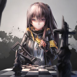 Rule 34 | 1girl, 404 logo (girls&#039; frontline), armband, black ribbon, board game, brown eyes, brown hair, buckle, bullet, buttons, chess, chess piece, chessboard, closed mouth, crossed bangs, expressionless, fingerless gloves, girls&#039; frontline, gloves, gun, hair between eyes, hair ornament, highres, holding, holding bullet, hood, hooded jacket, jacket, long hair, looking at viewer, neck ribbon, one side up, reflection, ribbon, scar, scar across eye, scar on face, scarf, shaded face, shinyi mi, shirt, smile, strap, submachine gun, ump45 (girls&#039; frontline), weapon, white shirt