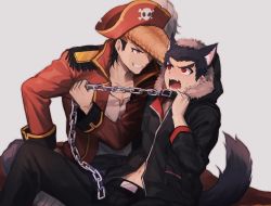 Rule 34 | 2boys, alternate costume, animal collar, animal ears, belt, black belt, black collar, black hair, black jacket, black pants, blue eyes, brown hair, cat boy, cat ears, cat tail, chain, chained, chain, collar, collarbone, commentary request, danganronpa: trigger happy havoc, danganronpa (series), fangs, foot out of frame, grey background, grey shirt, grin, hat, highres, ishimaru kiyotaka, jacket, looking at another, male focus, mizukura ion, multiple boys, navel, owada mondo, open mouth, pants, pirate costume, pirate hat, pompadour, red eyes, red jacket, shirt, short hair, simple background, sitting, skull print, smile, sweatdrop, tail, teeth