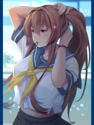 Rule 34 | 1girl, blue sailor collar, brown hair, cherry blossoms, cosplay, flower, hair flower, hair ornament, hamakaze (kancolle), hamakaze (kancolle) (cosplay), highres, holding, holding own hair, kantai collection, long hair, map (blue catty), mouth hold, neckerchief, ponytail, rubber band, sailor collar, school uniform, serafuku, solo, upper body, yamato (kancolle), yellow neckerchief