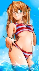 Rule 34 | 1girl, armpits, bad anatomy, bare legs, bare shoulders, bikini, blue eyes, blue sky, blush, breasts, brown hair, cleavage, collarbone, covered erect nipples, dan da dan86, green eyes, groin, hair ornament, hand on own hip, highres, interface headset, lips, long hair, looking at viewer, medium breasts, nail polish, navel, neon genesis evangelion, ocean, one eye closed, open mouth, red nails, shiny skin, simple background, sky, small breasts, smile, solo, souryuu asuka langley, striped bikini, striped clothes, swimsuit, teasing, thighs, twintails, two side up, water, wink, zipper, zipper pull tab