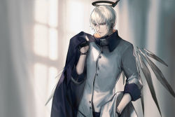 Rule 34 | 1boy, arknights, black gloves, black jacket, blue eyes, closed mouth, detached wings, earpiece, executor (arknights), fingerless gloves, gloves, hair between eyes, halo, high collar, highres, holding, holding clothes, holding jacket, jacket, looking away, male focus, over shoulder, shirt, short hair, silver hair, skade, sleeves rolled up, solo, upper body, white jacket, white shirt, wings