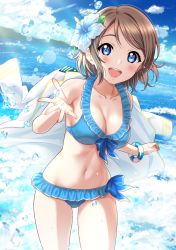 Rule 34 | 1girl, :d, bare arms, bare shoulders, bikini, blue bikini, blue bow, blue eyes, blue sky, blush, bow, bracelet, breasts, brown hair, cleavage, cloud, collarbone, cowboy shot, day, flower, frilled bikini, frills, hair flower, hair ornament, hand up, highres, jacket, unworn jacket, jewelry, looking at viewer, love live!, love live! school idol festival, love live! sunshine!!, medium breasts, navel, ocean, open mouth, outdoors, round teeth, sankuro (agoitei), short hair, sky, smile, solo, splashing, spread fingers, stomach, swept bangs, swimsuit, tareme, teeth, thighhighs, thighs, upper teeth only, watanabe you, water, water drop, white flower, white jacket