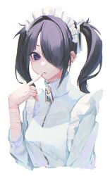 Rule 34 | 1girl, ame-chan (needy girl overdose), black hair, blue jacket, blue nails, cropped torso, ear piercing, finger to mouth, frilled jacket, frills, hair over one eye, hand up, highres, jacket, jersey maid, long hair, long sleeves, looking at viewer, maid, maid headdress, nail polish, needy girl overdose, open mouth, piercing, scar, scar on arm, self-harm scar, simple background, solo, track jacket, twintails, unconventional maid, upper body, white background, x hikari x