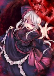 Rule 34 | 1girl, :d, bonnet, breasts, dress, fang, highres, long hair, looking at viewer, open mouth, overlord (maruyama), purple eyes, shalltear bloodfallen, silver hair, smile, solo, tousen, vampire