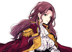 Rule 34 | 1girl, alternate costume, bad id, bad twitter id, brown hair, closed mouth, dorothea arnault, earrings, fire emblem, fire emblem: three houses, green eyes, jewelry, long hair, naho (pi988y), nintendo, simple background, solo, twitter username, upper body, white background