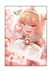 Rule 34 | 1girl, ahoge, blonde hair, border, braid, breast rest, breasts, cleavage, cleavage cutout, clothing cutout, dragon girl, dragon horns, fang, hairband, happy birthday, heart, hololive, horns, kiryu coco, kiryu coco (1st costume), large breasts, light, multicolored hair, nightcoat, orange hair, pointy ears, red eyes, skin fang, solo, streaked hair, two-tone hair, upper body, virtual youtuber, white border
