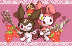 Rule 34 | am (am pix), animal hood, animal nose, berry (sanrio), demon tail, food, fork, fruit, furry, furry female, holding, holding fork, holding knife, hood, knife, kuromi, my melody, no humans, one eye closed, onegai my melody, open mouth, pink background, rabbit hood, red eyes, sanrio, sparkle, strawberry, tail