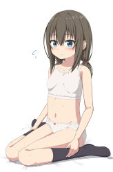 Rule 34 | 1girl, bare arms, bare shoulders, bed sheet, black hair, black socks, blue eyes, bow, bow panties, bra, breasts, closed mouth, collarbone, commentary request, flying sweatdrops, full body, hair between eyes, highres, long hair, looking at viewer, low twintails, navel, no shoes, original, panties, simple background, sitting, small breasts, smile, socks, solo, takasuma hiro, training bra, twintails, underwear, underwear only, wariza, white background, white bra, white panties