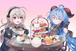Rule 34 | 2girls, absurdres, ahoge, armor, armored dress, bare shoulders, bell, black gloves, black headband, blue hair, blush, bow, cake, cake slice, chair, closed eyes, closed mouth, commentary, commission, corrin (female) (fire emblem), corrin (fire emblem), crossover, cup, cupcake, curled horns, dress, eating, fire emblem, fire emblem fates, food, fruit, ganyu (genshin impact), gauntlets, genshin impact, gloves, goat horns, grey hair, hair between eyes, hair bow, hand on own cheek, hand on own face, headband, heart, highres, holding, holding cup, horns, juliet sleeves, lips, long hair, long sleeves, looking at another, macaron, multiple girls, neck bell, nintendo, open mouth, pink lips, pointy ears, ponytail, pudding, puffy sleeves, red eyes, red horns, sidelocks, sitting, smile, strawberry, symbol-only commentary, table, teacup, teapot, very long hair, wide sleeves, yasaikakiage