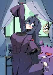 Rule 34 | 1girl, 2others, @ @, absurdly long hair, absurdres, ahoge, arm up, black hair, colored sclera, crazy eyes, creatures (company), dress, game freak, gen 1 pokemon, gen 7 pokemon, gengar, grin, hair between eyes, hairband, hex maniac (pokemon), highres, john (a2556349), living room, long hair, long sleeves, looking at another, looking at viewer, messy hair, multiple others, nintendo, open mouth, pokemon, pokemon (creature), pokemon xy, purple hairband, red sclera, rowlet, signature, simple background, smile, standing, standing on one leg, turtleneck, very long hair