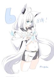 Rule 34 | 1girl, ahoge, animal ear fluff, animal ears, aqua eyes, bare shoulders, black footwear, black shorts, black tail, black thighhighs, blue neckerchief, braid, crossed bangs, detached sleeves, double-parted bangs, earrings, extra ears, fox ears, fox girl, fox shadow puppet, fox tail, front slit, highres, hololive, jewelry, long hair, looking at viewer, low-tied long hair, mugicha 61, multicolored tail, navel, neckerchief, open mouth, pentagram, sailor collar, shirakami fubuki, shirakami fubuki (1st costume), short shorts, shorts, side braid, sidelocks, signature, simple background, single braid, single earring, single thighhigh, solo, tail, thigh strap, thighhighs, virtual youtuber, white background, white hair, white tail, wide sleeves