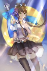 Rule 34 | 1girl, black skirt, black thighhighs, brown hair, chlore, green eyes, highres, long hair, luo tianyi, microphone, short hair with long locks, skirt, smile, solo, thighhighs, vocaloid, vocanese, zettai ryouiki
