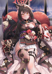 Rule 34 | 1girl, absurdres, animal ear fluff, animal ears, bell, black hair, blue archive, blush, bow, breasts, cleavage, clothes pull, fishnets, flower, fox ears, fox girl, fox tail, gloves, hair flower, hair ornament, halo, heart, heart-shaped pupils, highres, japanese clothes, kimono, kokukyukeo, large breasts, long hair, looking at viewer, orange eyes, shirt pull, sitting, smile, solo, symbol-shaped pupils, tail, tail ornament, thigh strap, thighhighs, torn clothes, torn thighhighs, wakamo (blue archive), yellow eyes