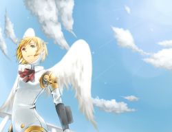 Rule 34 | 1girl, aegis (persona), android, atlus, blonde hair, blue eyes, bow, cloud, day, female focus, kutsushita (jur), outdoors, persona, persona 3, sky, solo, wings