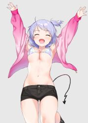 1girl, :d, \o/, ^ ^, armpits, arms up, bangs, bare shoulders, bikini, bikini top, black shorts, blush, breasts, character request, cleavage, closed eyes, copyright request, cowboy shot, demon tail, eyebrows visible through hair, eyes closed, fang, grey background, groin, jacket, long sleeves, medium breasts, midriff, navel, one side up, open clothes, open jacket, open mouth, outstretched arms, pink jacket, purple hair, sekiya asami, short shorts, shorts, sidelocks, simple background, skin fang, smile, solo, standing, standing on one leg, swimsuit, symbol commentary, tail, underboob, white bikini