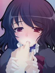 Rule 34 | 1girl, bad id, bad pixiv id, black hair, blush, eyebrows, finger in another&#039;s mouth, houjuu nue, long hair, looking at viewer, onsen tamago (nurumayu onsen), pov, red eyes, saliva, solo focus, tears, touhou, upper body